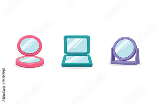 Collection of three different compact and tabletop mirrors in various colors