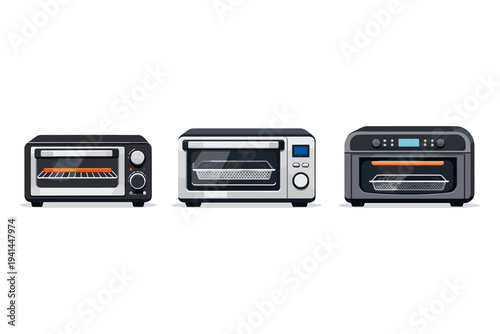 Three modern kitchen appliances: toaster oven, convection oven, and air fryer