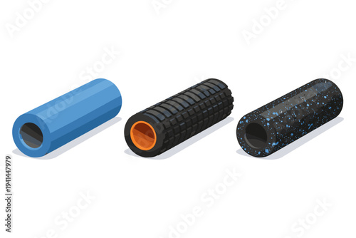 Three different types of foam rollers for muscle recovery and physical therapy