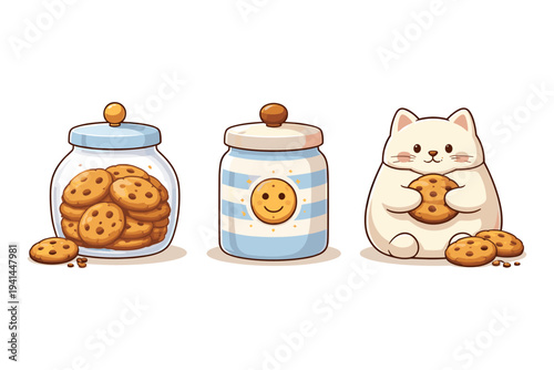 Cute cartoon cat and cookie jars with delicious chocolate chip cookies