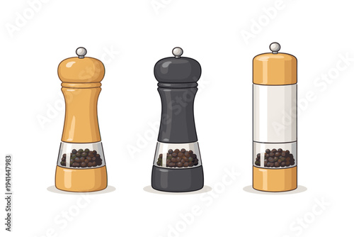 Three different pepper grinders with whole peppercorns visible inside their transparent sections