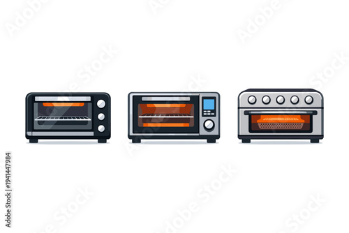 Collection of three modern kitchen countertop ovens with glowing heating elements and racks inside