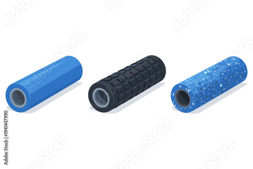 Three different types of foam rollers for physical therapy and exercise