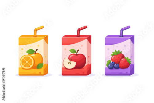 Assortment of fruit juice boxes with orange, apple, and berry flavors