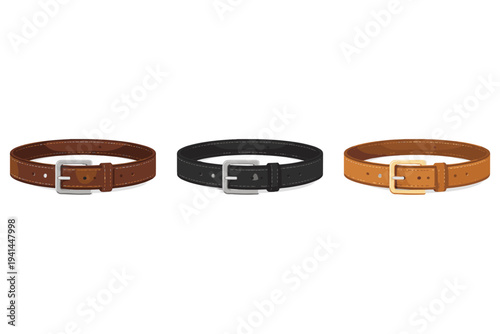 Three leather belts with different buckles and colors displayed side by side