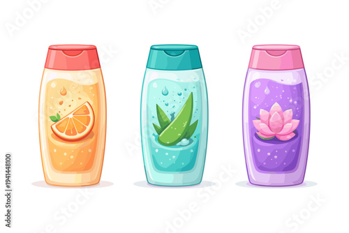 Three bottles of cosmetic liquids with natural ingredients like orange, aloe vera, and lotus