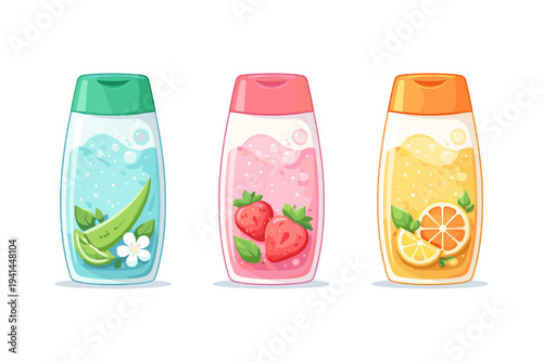 Three bottles of cosmetic products with natural ingredients like aloe vera, strawberry, and citrus