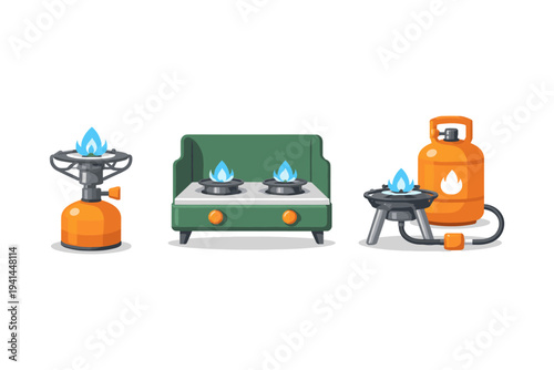 Collection of portable camping stoves and a gas cylinder with blue flames