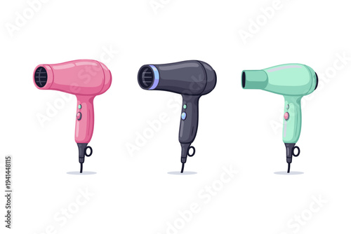 Three colorful cartoon hair dryers arranged in a row on a white background