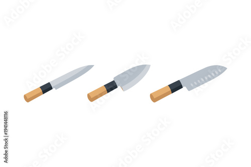 Collection of three kitchen knives with wooden handles on a white background