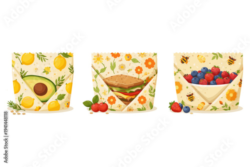 Eco-friendly food wraps featuring fruits, sandwich, and berries with charming patterns
