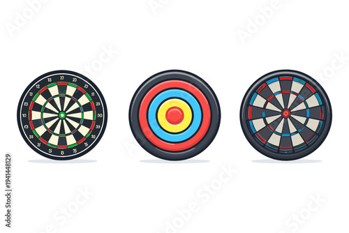 Three different types of targets for games and sports, including darts and archery