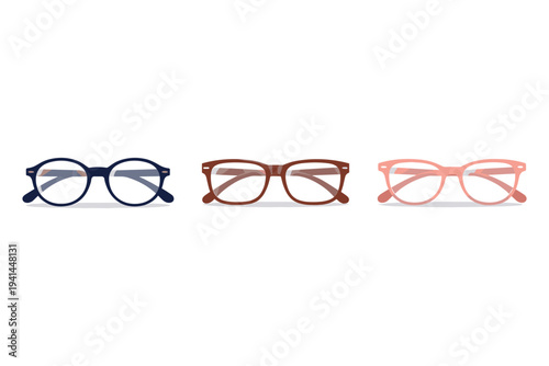 Three pairs of eyeglasses in different styles and colors displayed horizontally on a white background