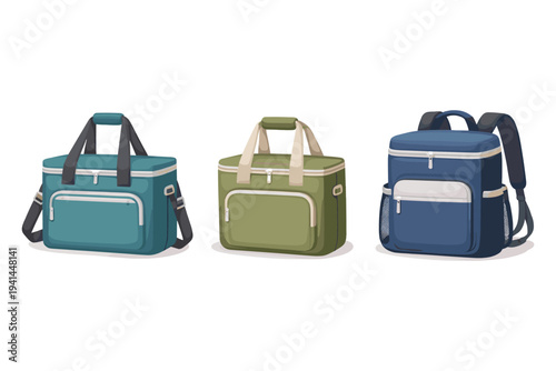 Three insulated cooler bags in different styles and colors for outdoor activities