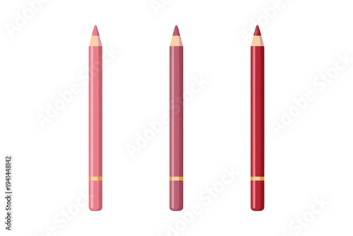 Three sharpened lip pencils in shades of pink, rose, and red arranged vertically