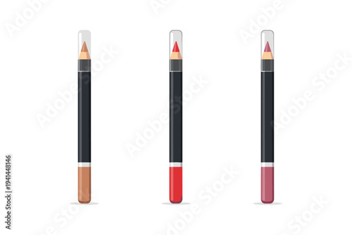 Three different colored lip liners with caps on a white background