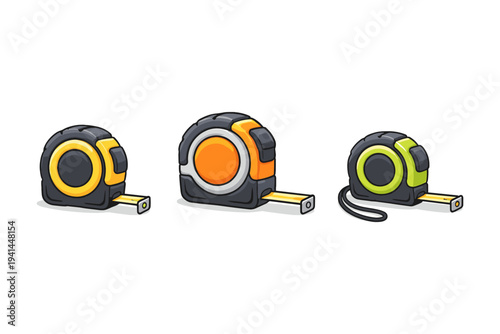 Three cartoon measuring tapes in different colors, isolated on a white background