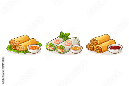 Assortment of delicious spring rolls and dipping sauces, a culinary delight