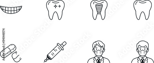 Dental care icons set with teeth dentist syringe implant and oral health symbols representing hygiene treatment vector design