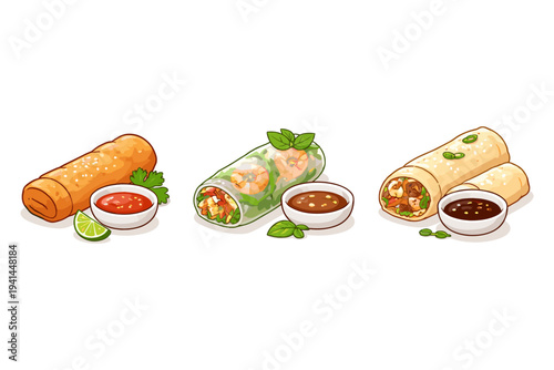 Assortment of delicious spring rolls and egg rolls with dipping sauces and lime