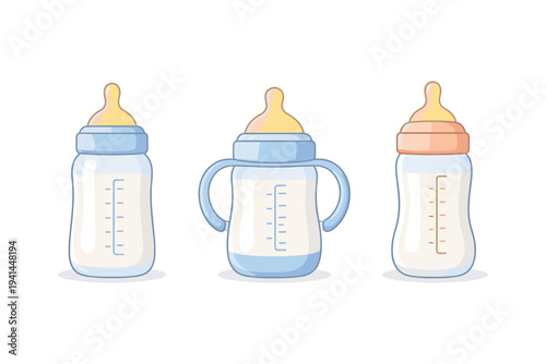 Three baby bottles with milk, one with handles, on a white background