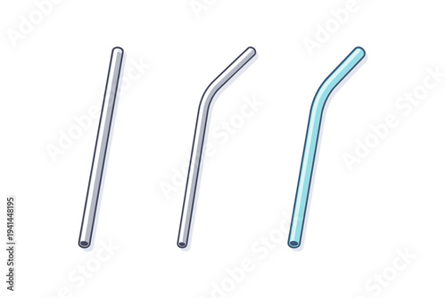 Three reusable metal and glass drinking straws with different shapes and colors