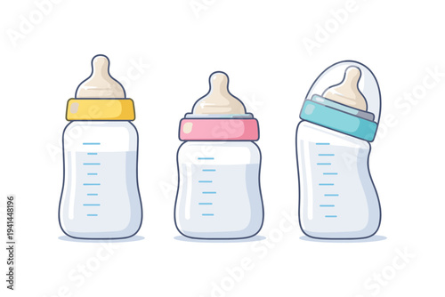 Three baby bottles with different colored caps, one tilted, filled with milk