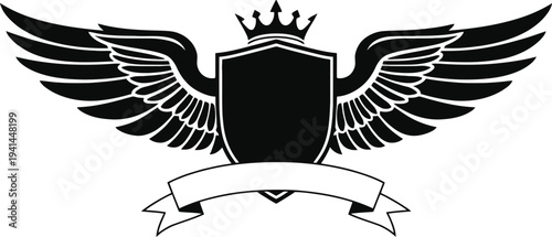  
Royal heraldic crest with crown shield wings and ribbon banner symbolizing nobility strength prestige vector emblem design