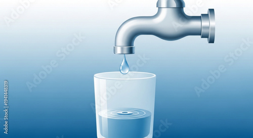 Water faucet pouring into a clear glass with blue gradient background