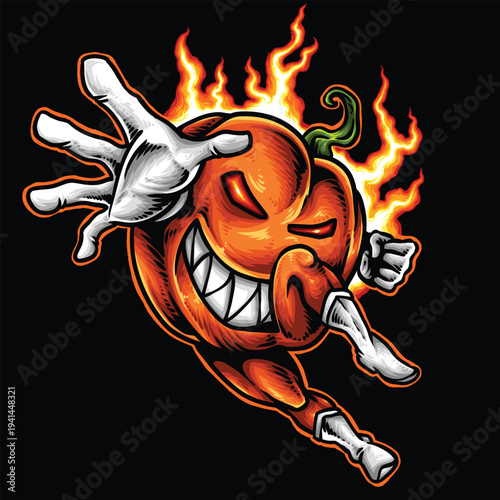 Spicy pumpkin character on fire, halloween concept
