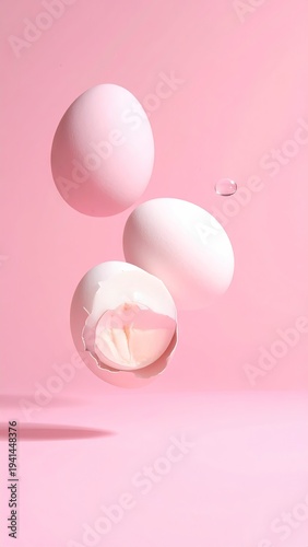 Floating eggs; one cracked open revealing egg white; pink background