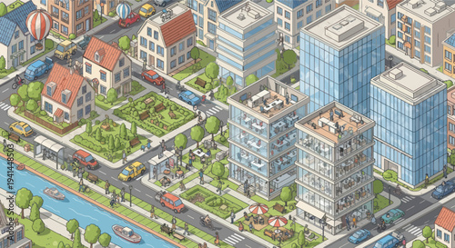 Isometric Cityscape with Buildings, Cars, River, and Hot Air Balloon