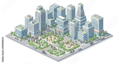 Isometric Pixel Art Cityscape with Buildings, Park, and Streets
