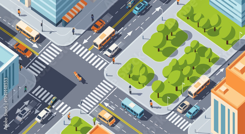 Isometric City Crossroad with Traffic and Buildings, Urban Transportation Scene