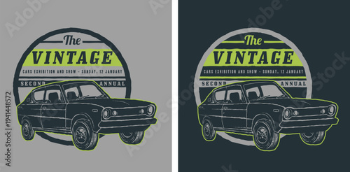 Vintage car show exhibition badge with retro vehicle and text