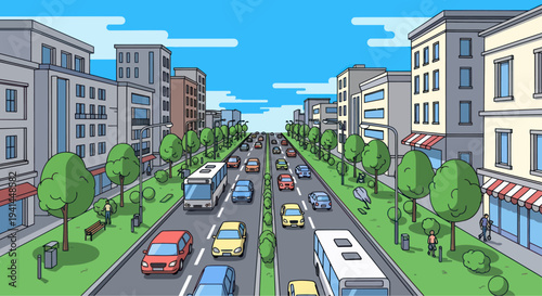 Busy City Street with Cars, Buses, and Buildings - Cartoon Style