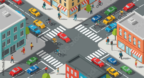 Busy City Intersection with Traffic, Cyclists, and Pedestrians - Isometric View