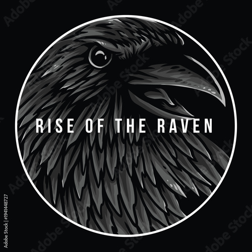 Raven close-up portrait with open beak and 'rise of the raven' text