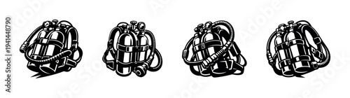 Black and white vector illustration of scuba diving gear set including oxygen tanks