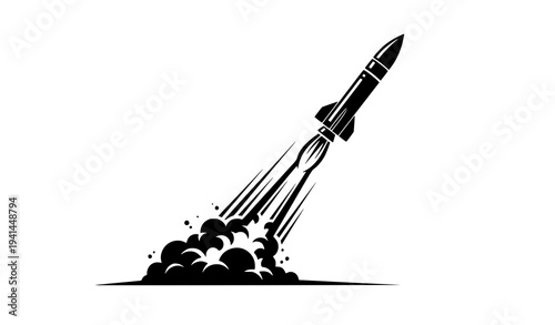 Military missile rocket launch silhouette with smoke trail vector illustration