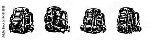 Vintage travel backpack illustration set in black and white silhouette style