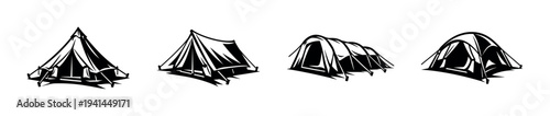 Set of four black and white tent silhouettes in vector illustration