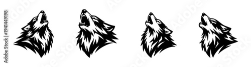 Set of four howling wolf silhouette illustrations in black and white vector style