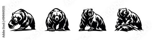 Black and white bear silhouettes set, wildlife illustration, vector art