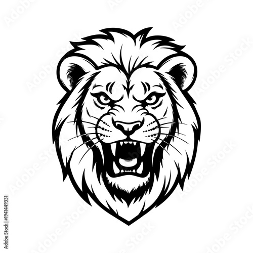 Dibujo sencillo con líneas de la cabeza de un león macho enojado rugiendo 