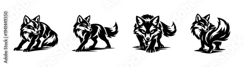 Black and white vector silhouette of wolves in various poses