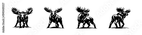Moose silhouette set, black and white vector illustration of majestic wildlife animals