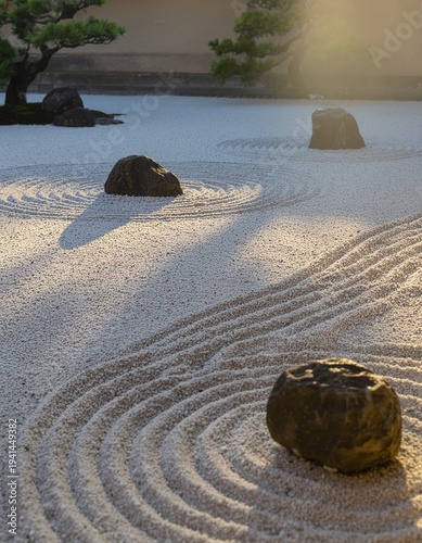 Serene Zen garden with raked sand and stones, peaceful morning atmosphere, soft sunlight