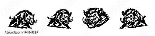 Wild boar silhouette set vector illustration featuring various angry expressions