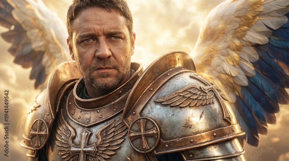 Fototapeta premium Angel warrior in ancient armor with wings against golden clouds. Divine male protector of faith and religion. Symbol of heavenly power, spiritual strength and christianity. Dramatic portrait.